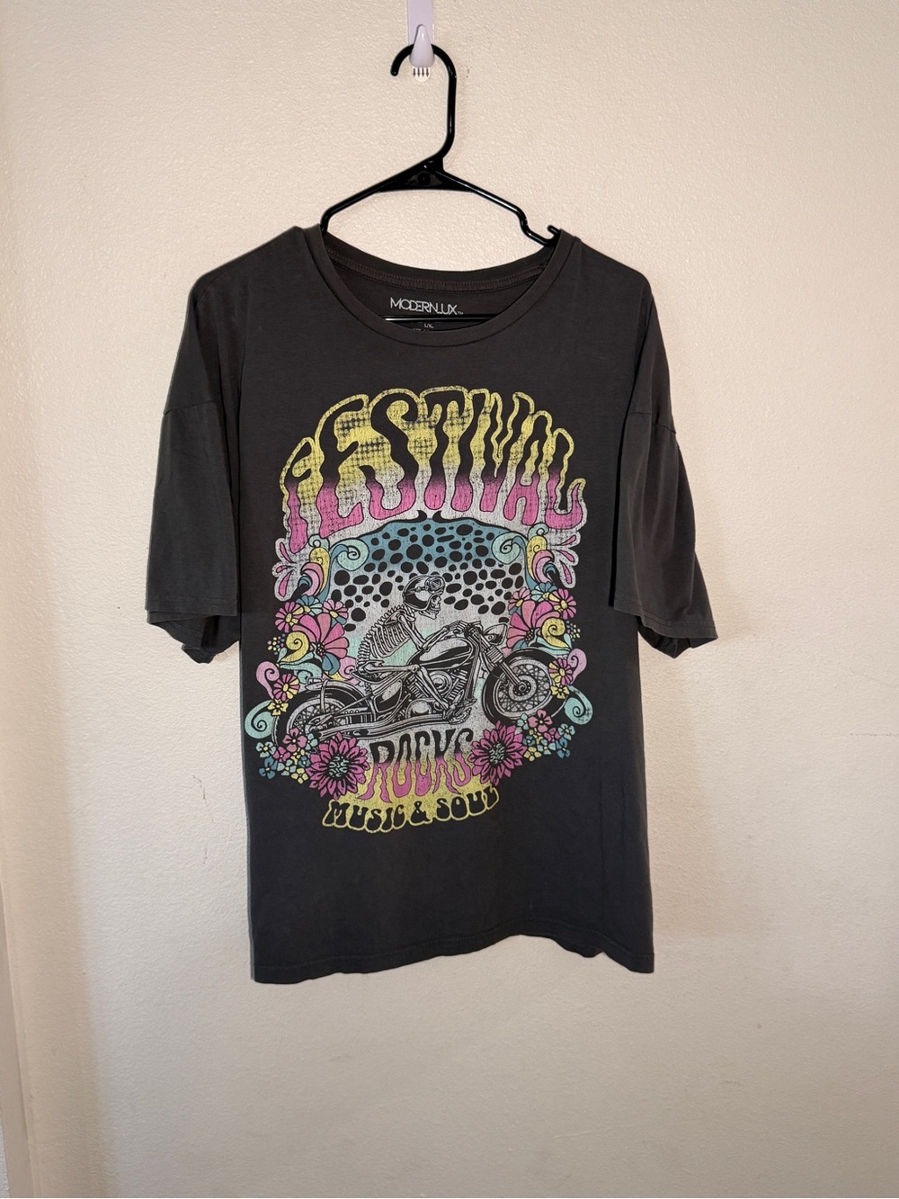 Modern Lux Black Graphic Festival Tee with Yellow Pink Blue Accents